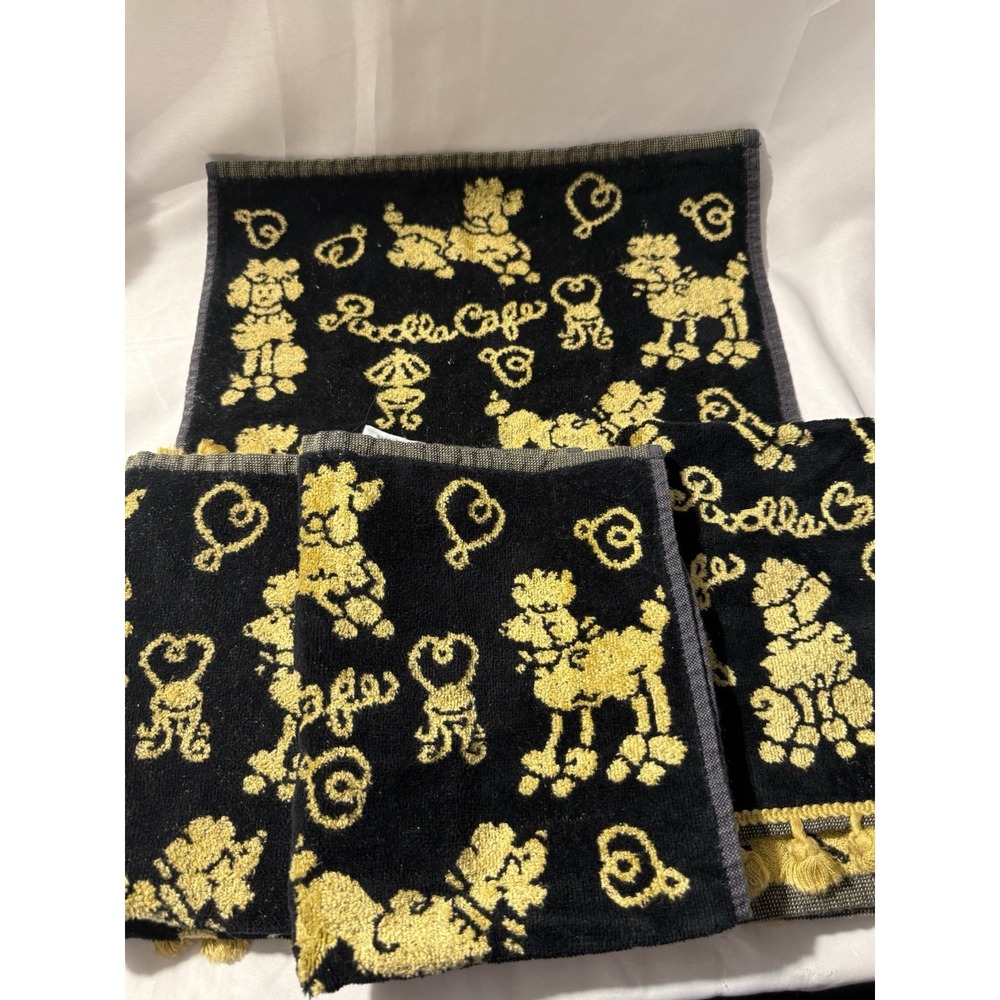 Vintage Besana Italy Poodle Rulli Caffe Towels Set of 4 Black Gold